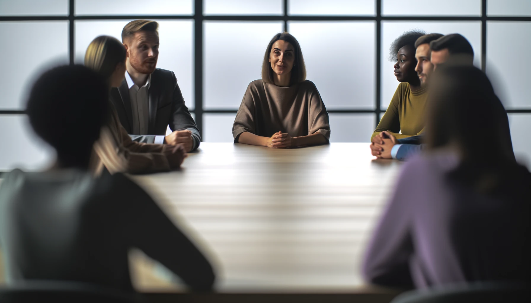 a diverse group of individuals of mixed races and genders sitting around a negotiation table, with one person speaking calmly and confidently, drawing the focused attention of the others. 
